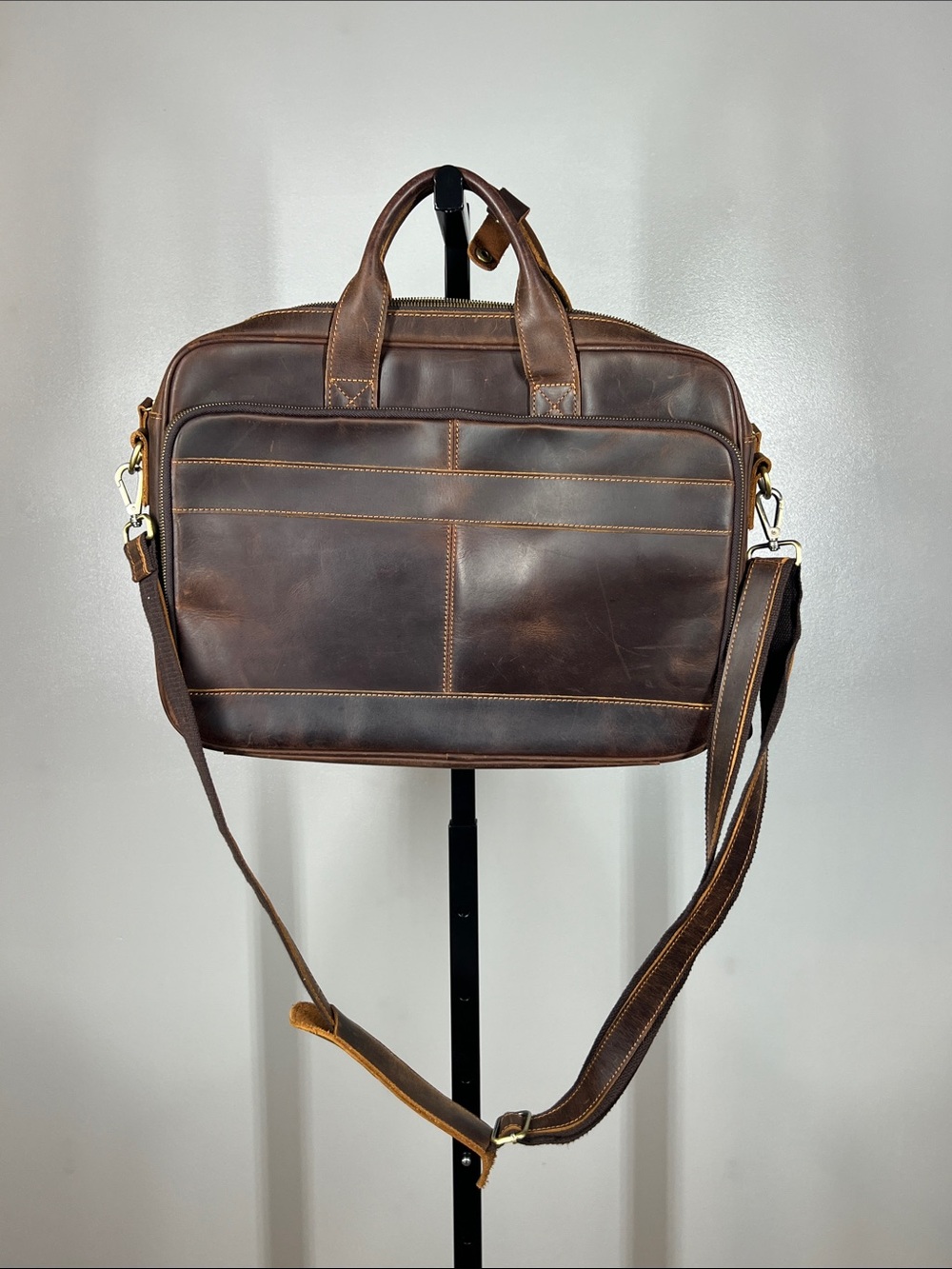 Men's Dark Brown Leather Laptop Briefcase with Shoulder Strap